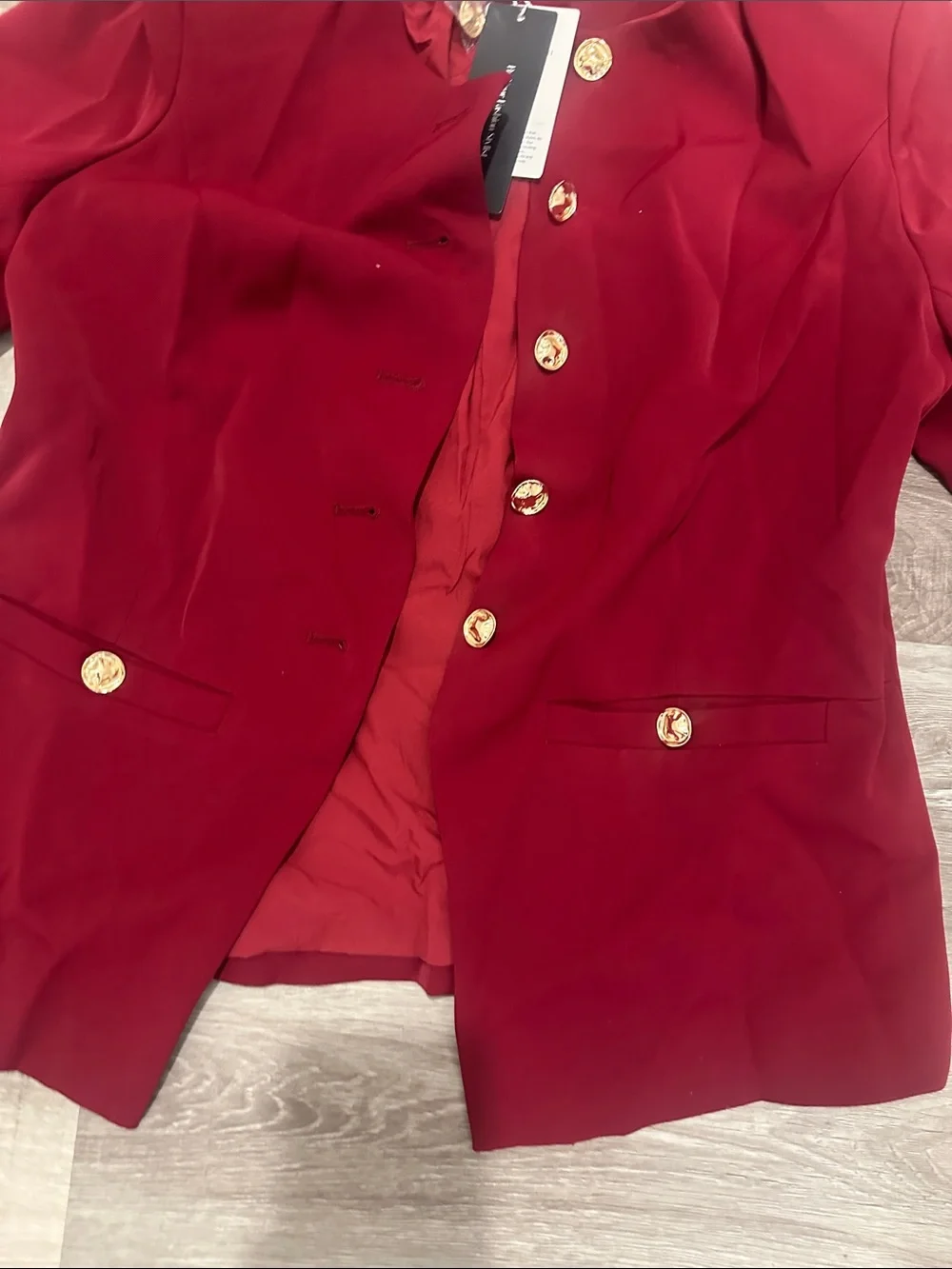 Elegant Collarless Red Blazer with Gold Buttons